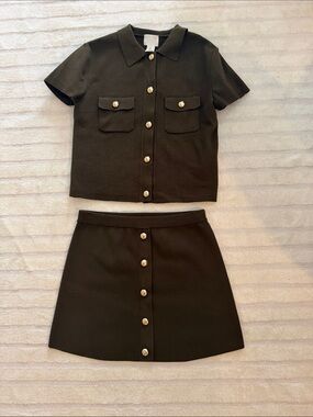 Classic Olive Green Button-Front Mini Skirt Set